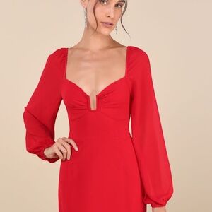 Lulus Flirtatious Designs Red Chiffon Balloon Sleeve Mini Dress - Size M